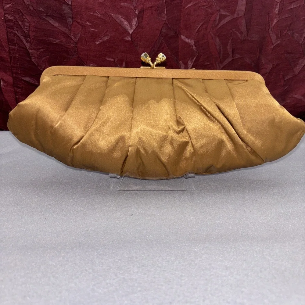 Valerie Stevens Gold Satin Duel Strap Clutch Purse Bow Rhinestone Kiss Lock EUC